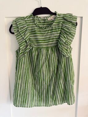 LOFT Green Striped Ruffle Sleeve Top